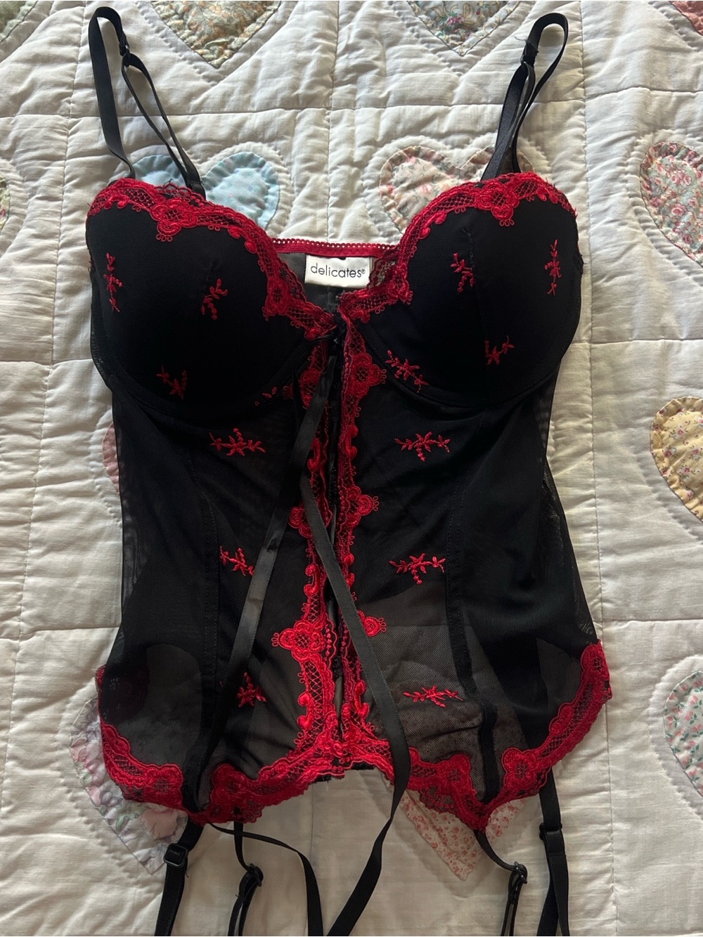 Delicates black lace cami corset top red floral embroidery lingerie size M